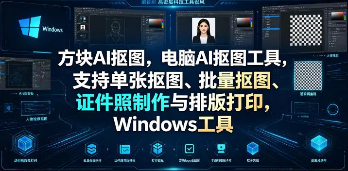 方块AI抠图，电脑AI抠图工具，支持单张抠图、批量抠图、证件照制作与排版打印，Windows工具 - 渡客网创
