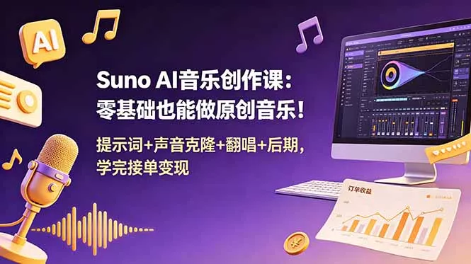Suno AI音乐创作课：零基础也能做原创音乐！提示词+声音克隆+翻唱+后期，学完接单变现 - 渡客网创