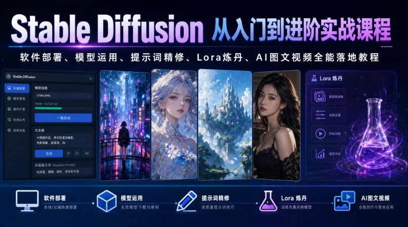 Stable Diffusion从入门到进阶实战课程｜软件部署、模型运用、提示词精修、Lora炼丹、AI图文视频全能落地教程 - 渡客网创