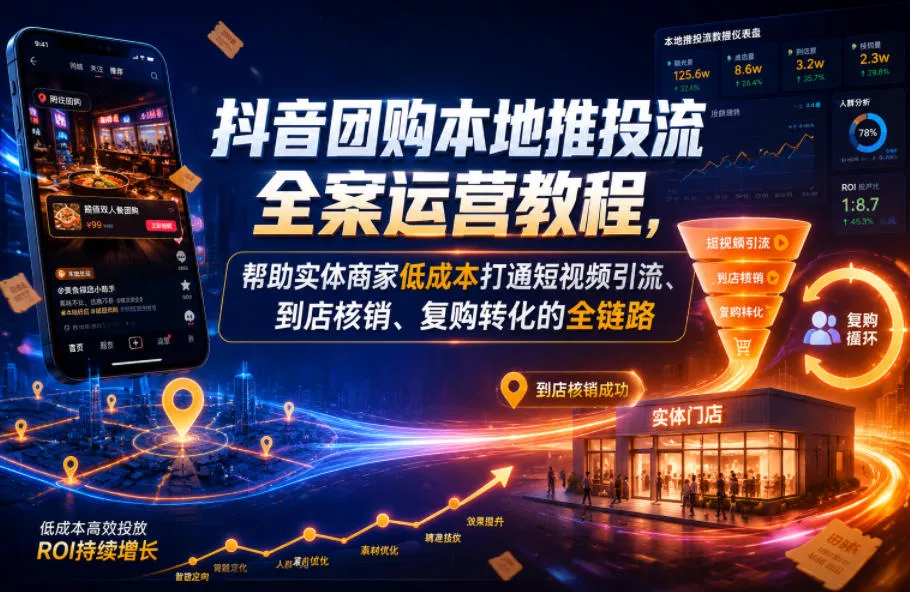 抖音团购本地推投流全案运营教程，帮助实体商家低成本打通短视频引流、到店核销、复购转化的全链路 - 渡客网创