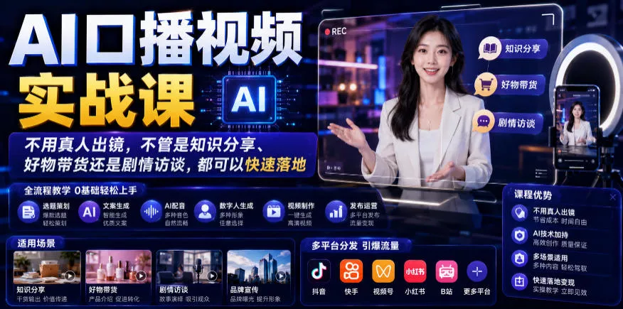 AI口播视频实战课，不用真人出镜，不管是知识分享、好物带货还是剧情访谈，都可以快速落地 - 渡客网创