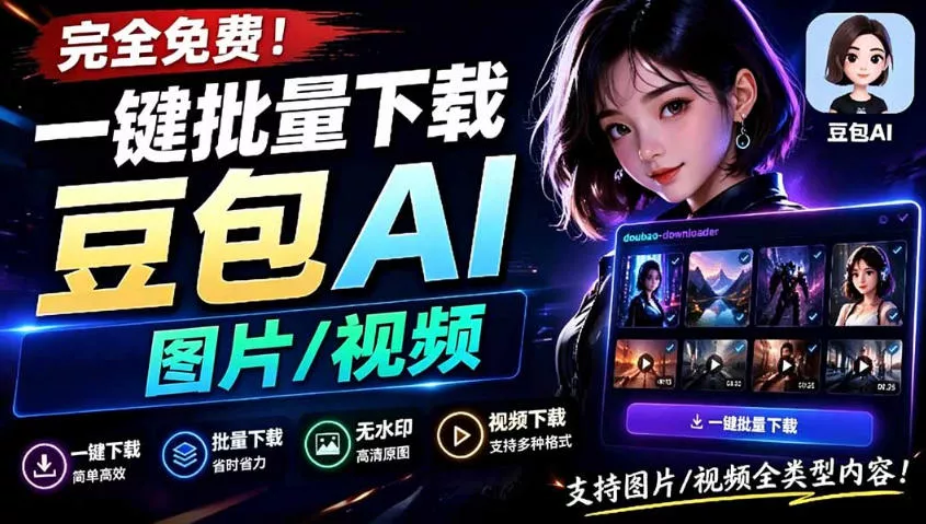 Github最新发布！一键批量下载豆包AI无水印图片/视频，简单易用，自动解析提示词 - 渡客网创
