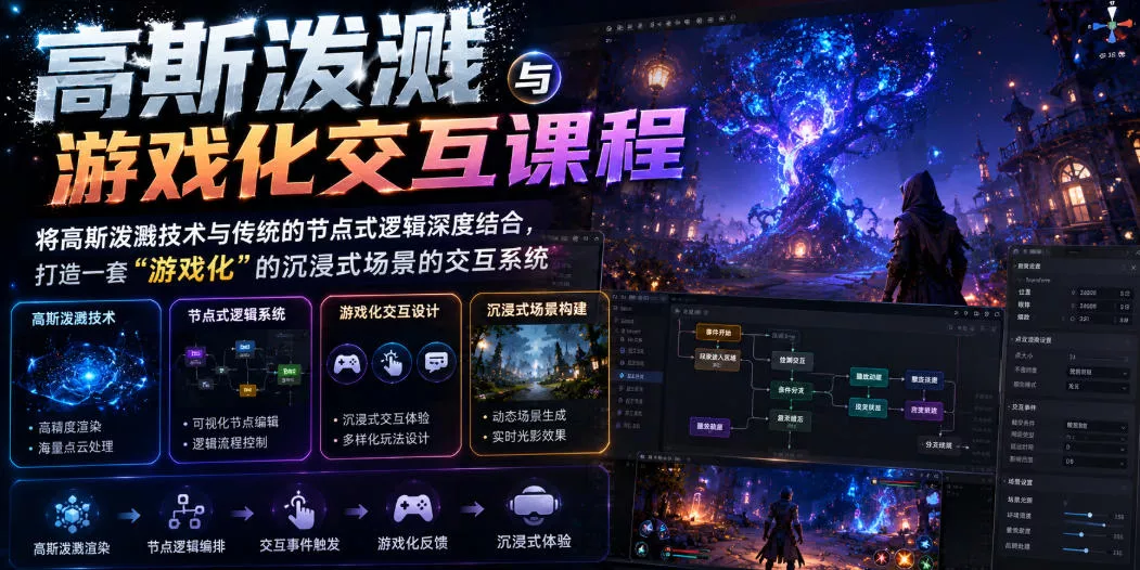 高斯泼溅与游戏化交互课程，将高斯泼溅技术与传统的节点式逻辑深度结合，打造一套“游戏化”的沉浸式场景的交互系统 - 渡客网创
