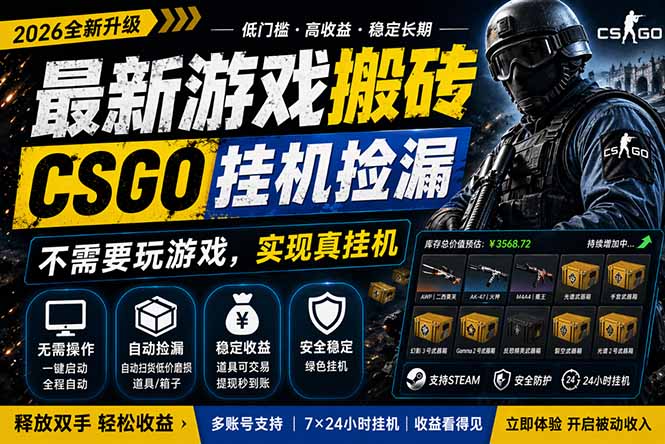 最新游戏搬砖，CSGO纯挂机，不需要玩游戏，实现真挂机，月入1W+，五一小高峰上车可吃肉，… - 渡客网创