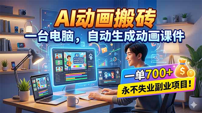 AI动画搬砖，一台电脑，自动生成动画课件，一单800+ 永不失业副业项目！ - 渡客网创
