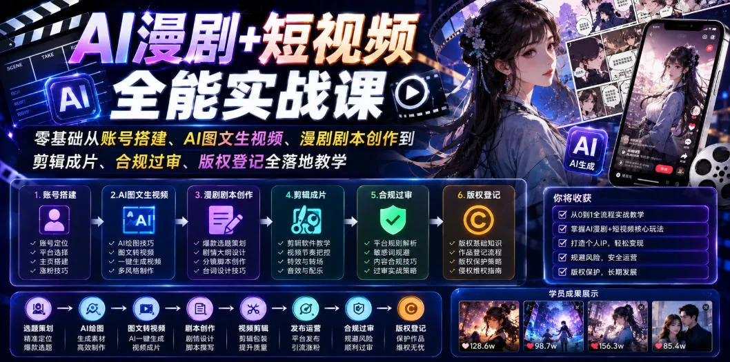 AI漫剧+短视频全能实战课｜零基础从账号搭建、AI图文生视频、漫剧剧本创作到剪辑成片、合规过审、版权登记全落地教学 - 渡客网创