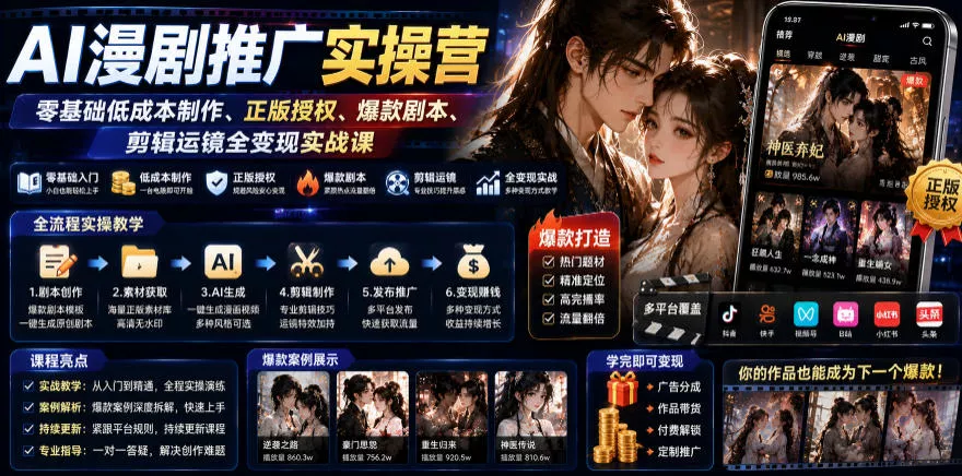 AI漫剧推广实操营｜零基础低成本制作、正版授权、爆款剧本、剪辑运镜全变现实战课 - 渡客网创