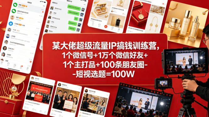 某大佬超级流量IP搞钱训练营，1个微信号+1万个微信好友+1个主打品+100条朋友圈-短视选题=100W - 渡客网创