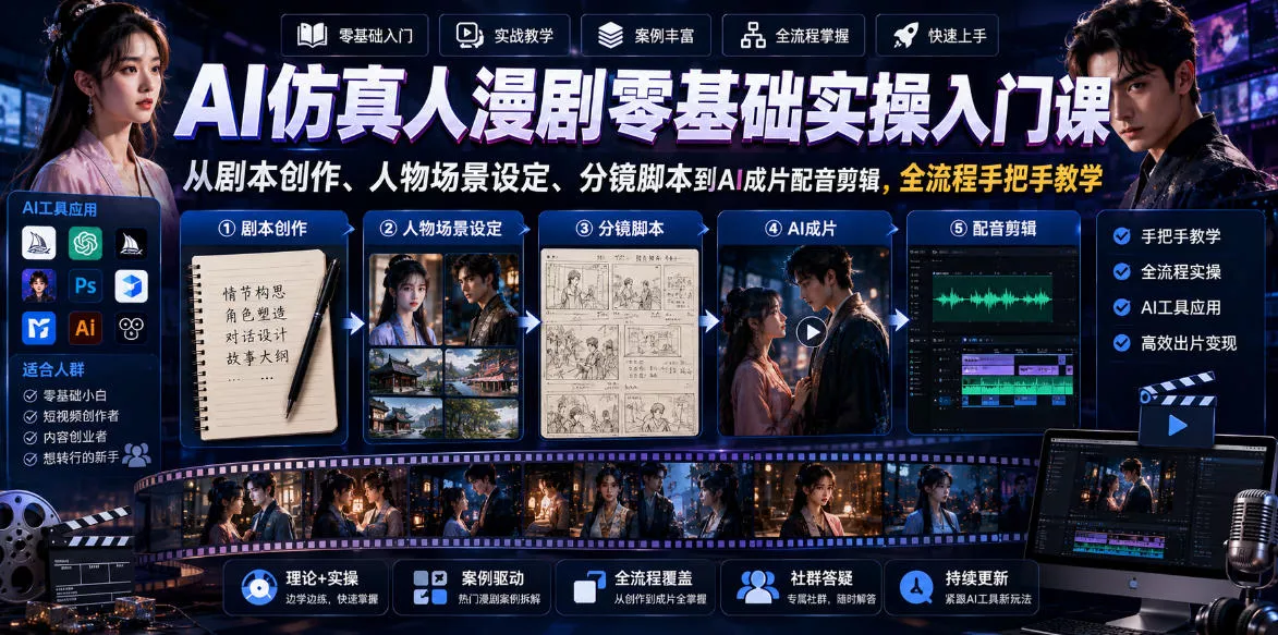 AI仿真人漫剧零基础实操入门课，从剧本创作、人物场景设定、分镜脚本到AI成片配音剪辑，全流程手把手教学 - 渡客网创