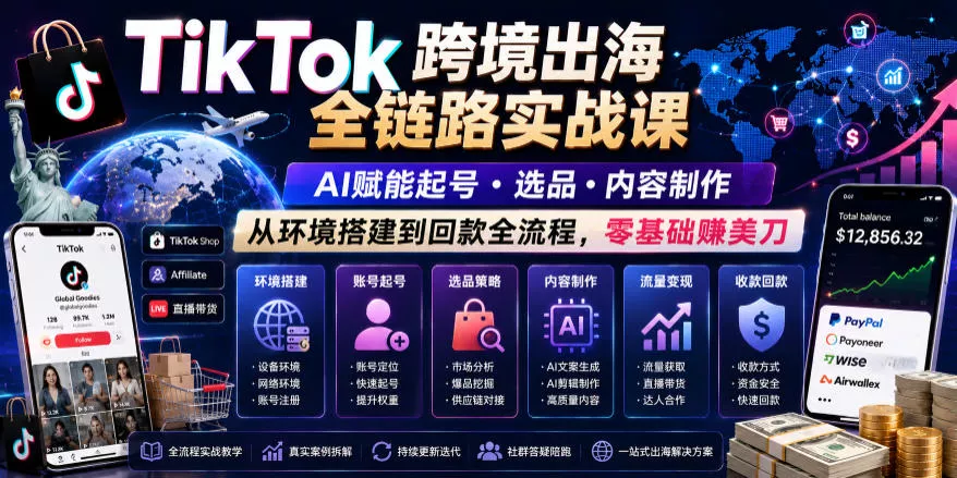 TikTok跨境出海全链路实战课，AI赋能起号・选品・内容制作，从环境搭建到回款全流程，零基础賺美刀 - 渡客网创