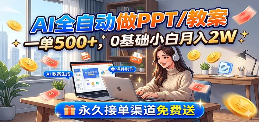 AI全自动做PPT/教案，一单500+，0基础小白月入2W，永久接单渠道免费送 - 渡客网创
