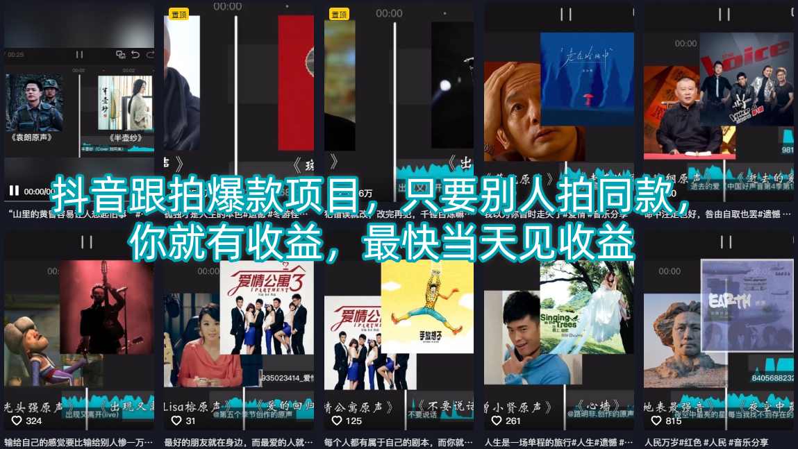 抖音跟拍爆款项目，只要别人拍同款，你就有收益，最快当天见收益 - 渡客网创