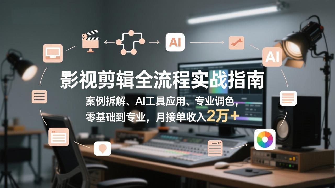 影视剪辑全流程实战指南，案例拆解、AI工具应用、专业调色，零基础到专业，月接单收入2万+ - 渡客网创