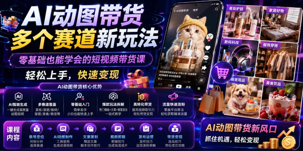 AI动图带货多个赛道新玩法，零基础也能学会的短视频带货课，轻松上手，快速变现 - 渡客网创
