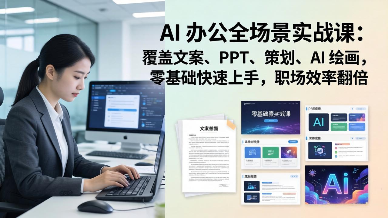 AI 办公全场景实战课：覆盖文案、PPT、策划、AI 绘画，零基础快速上手，职场效率翻倍 - 渡客网创