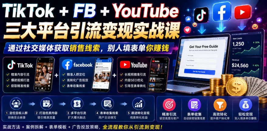 TikTok+FB+YouTube三大平台引流变现实战课，通过社交媒体获取销售线索，别人填表单你賺钱【原创双语字幕】 - 渡客网创