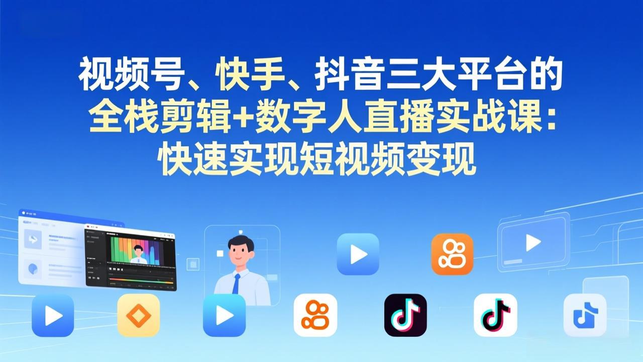 视频号+快手+抖音三大平台的全栈剪辑+数字人直播实战课-3月更新：快速实现短视频变现 - 渡客网创