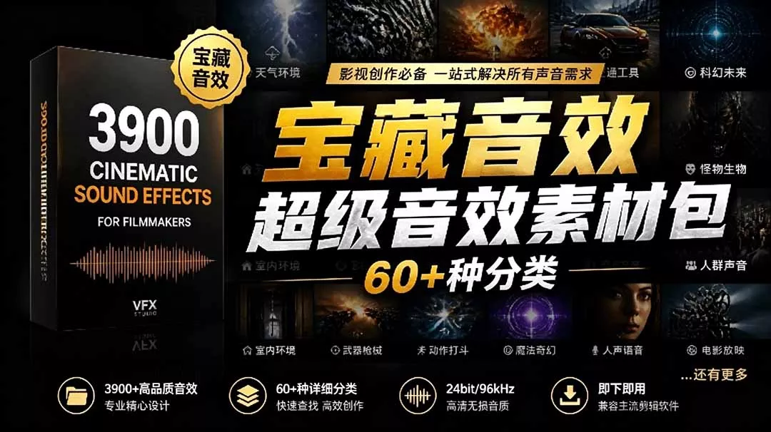 宝藏音效合集包！60+多种音效分类，共计3900个，分类清晰，全中文分类，高品质剪辑音效素材包 - 渡客网创