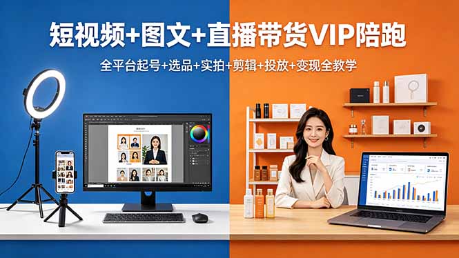 短视频+图文+直播带货VIP陪跑，全平台起号+选品+实拍+剪辑+投放+变现全教学 - 渡客网创