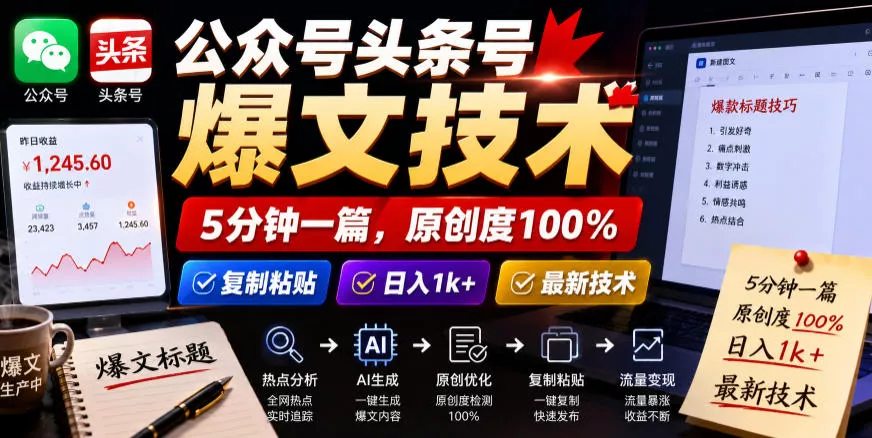 公众号头条号爆文技术，5分钟一篇，原创度100%，复制粘贴，日入1k+，最新技术【揭秘】 - 渡客网创