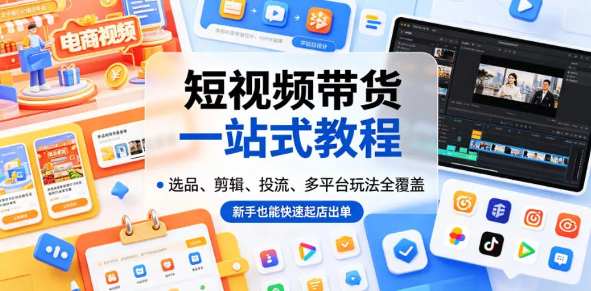 短视频带货一站式教程，选品、剪辑、投流、多平台玩法全覆盖，新手也能快速起店出单 - 渡客网创
