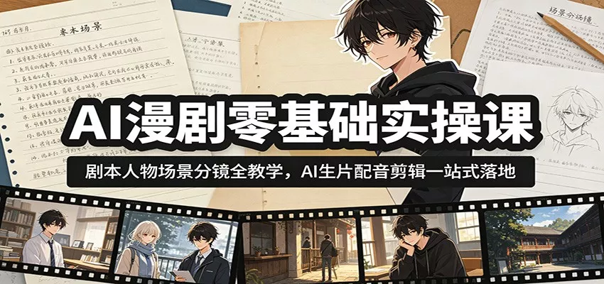 AI漫剧零基础实操课：剧本人物场景分镜全教学，AI生片配音剪辑一站式落地 - 渡客网创