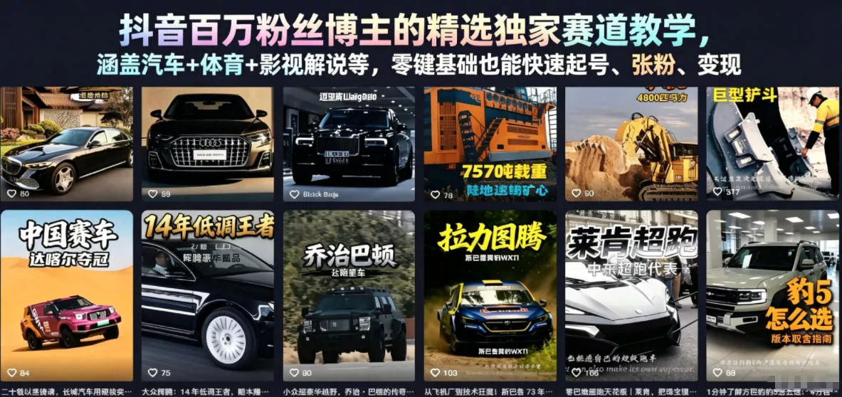 抖音百万粉丝博主的精选独家赛道教学，涵盖汽车+体育+影视解说等，零基础也能快速起号、涨粉、变现(更新0701) - 渡客网创