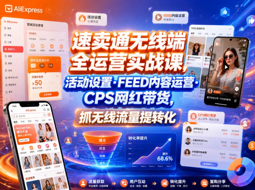 速卖通无线端全运营实战课，活动设置・FEED内容运营・CPS网红带货，抓无线流量提转化 - 渡客网创