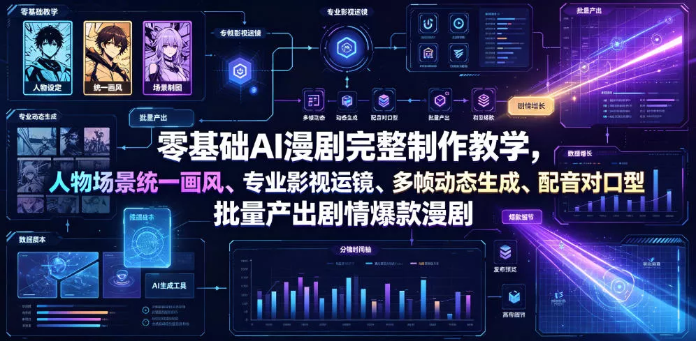 零基础AI漫剧完整制作教学，人物场景统一画风、专业影视运镜、多帧动态生成、配音对口型，批量产出剧情爆款漫剧 - 渡客网创