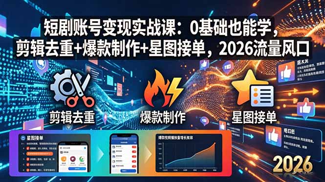 短剧账号变现实战课：0基础也能学，剪辑去重+爆款制作+星图接单，2026流量风口 - 渡客网创