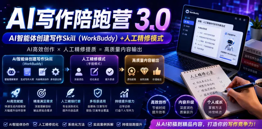 AI写作陪跑营3.0，Ai智能体创建写作skill(workbuddy)+人工手写模式(手搓模式)，去除AI痕迹(头条号、公众号、百家号) - 渡客网创