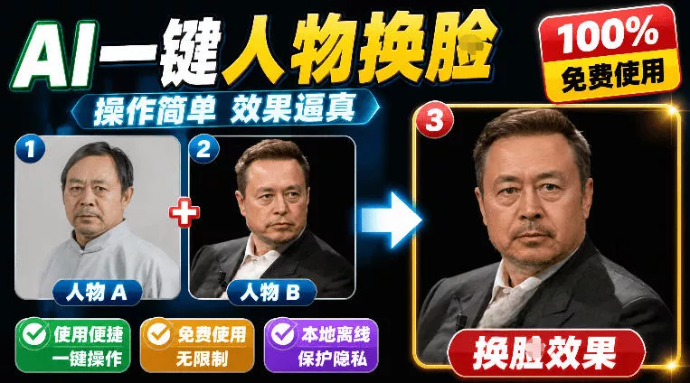 纯离线本地运行！AI一键人物lian部替换软件，支持图片换lian，效果逼真，最便捷换lian工具FaceSwap - 渡客网创