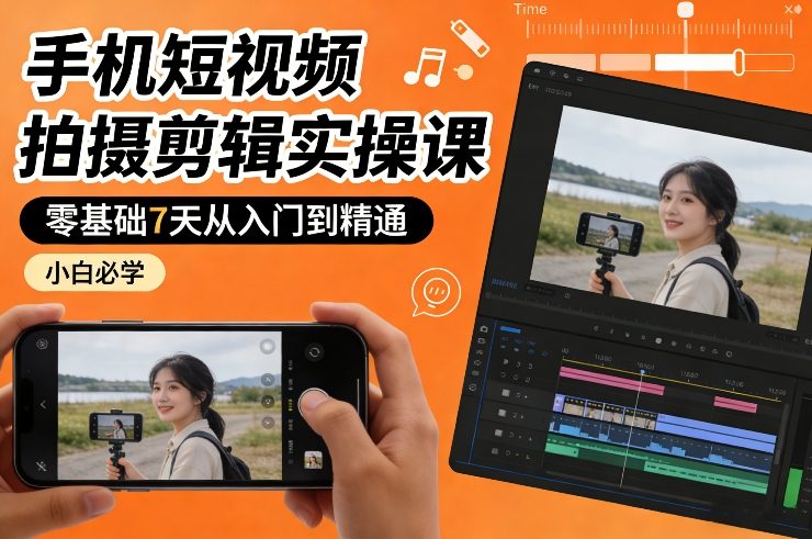 手机短视频拍摄剪辑实操课，零基础7天从入门到精通，小白必学 - 渡客网创