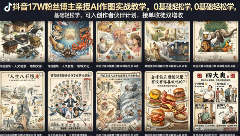 抖音17W粉丝博主亲授AI作图实战教学,0基础轻松学,可入创作者伙伴计划,接单收徒双增收 抖音17W粉丝博主亲授AI作图实战教学,0基础轻松学,可入创作者伙伴计划,接单收徒双增收