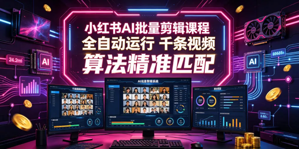 小红书AI批量剪辑课程，24小时全自动运行，解放双手专注运营，千条视频批量处理，小红书算法精准匹配 - 渡客网创