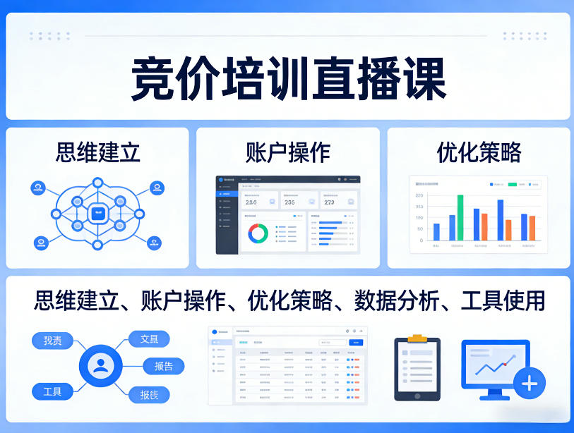 竞价培训直播课，覆盖思维建立、账户操作、优化策略、数据分析、工具使用等，全方位提升效果 - 渡客网创