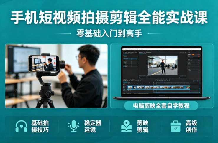 手机短视频拍摄剪辑全能实战课：零基础入门到高手，稳定器运镜+电脑剪映全套自学教程 - 渡客网创