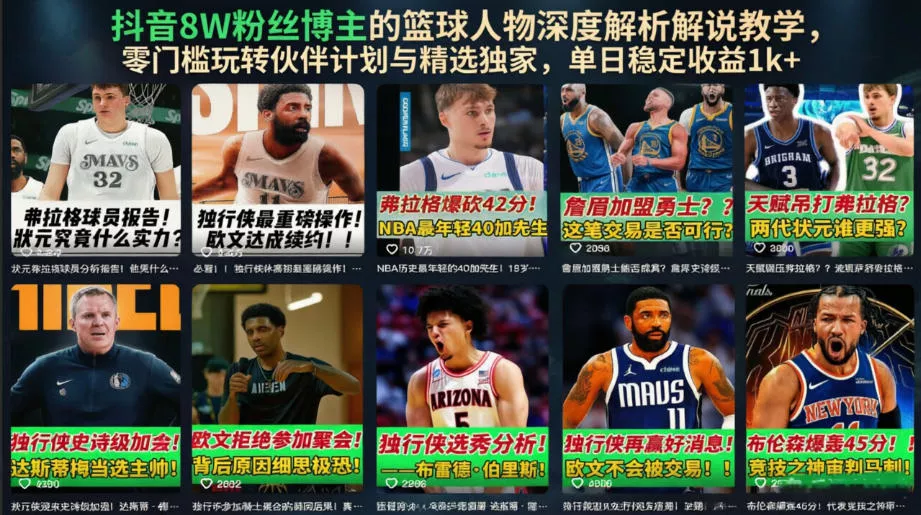 抖音8W粉丝博主的篮球人物深度解析解说教学，零门槛玩转伙伴计划与精选独家，单日稳定收益1k+ - 渡客网创