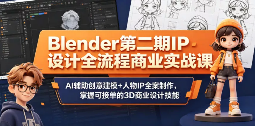 Blender第二期IP设计全流程商业实战课，AI辅助创意建模+人物IP全案制作，掌握可接单的3D商业设计技能 - 渡客网创