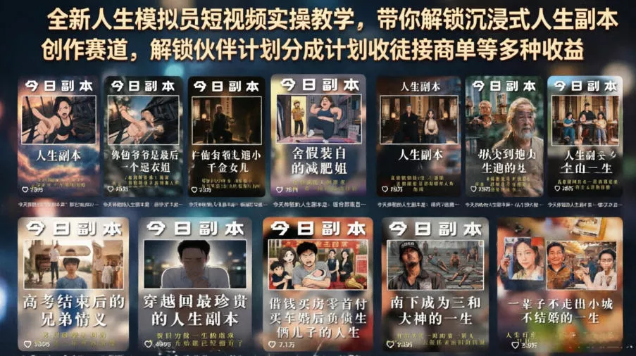 全新人生模拟员短视频实操教学，带你解锁沉浸式人生副本创作赛道，解锁伙伴计划分成计划收徒接商单等多种收益 - 渡客网创