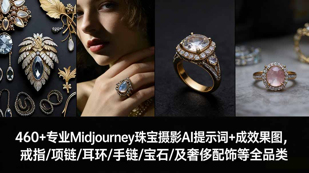 460+专业Midjourney珠宝摄影AI提示词+成效果图，戒指/项链/耳环/手链/宝石/及奢侈配饰等全品类 - 渡客网创