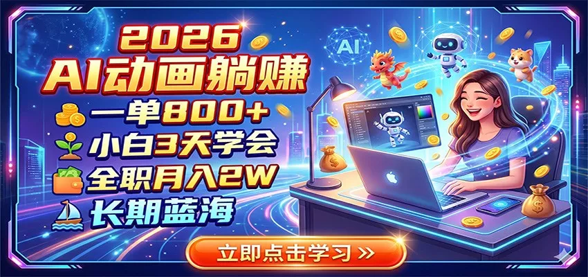 2026 AI动画躺赚：一单800+，小白3天学会，全职月入2W，长期蓝海 - 渡客网创