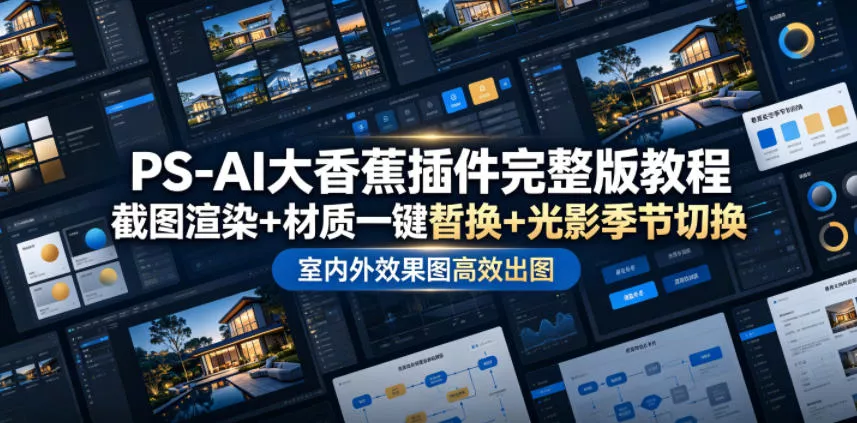 PS-AI大香蕉插件完整版教程，截图渲染+材质一键替换+光影季节切换，室内外效果图高效出图高阶课程 - 渡客网创