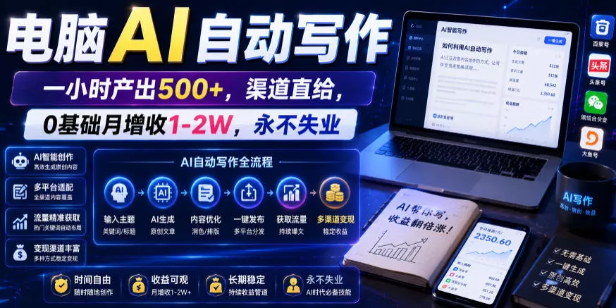 电脑AI自动写作，一小时产出500+，渠道直给，0基础月增收1-2W，永不失业【揭秘】 - 渡客网创